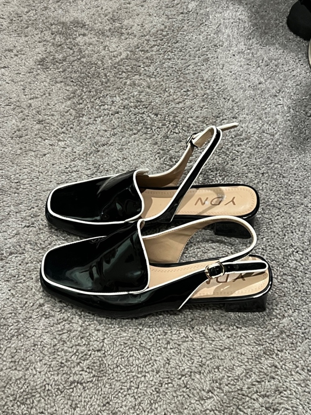 YDN Black Patent Slingback Loafers with White Piping